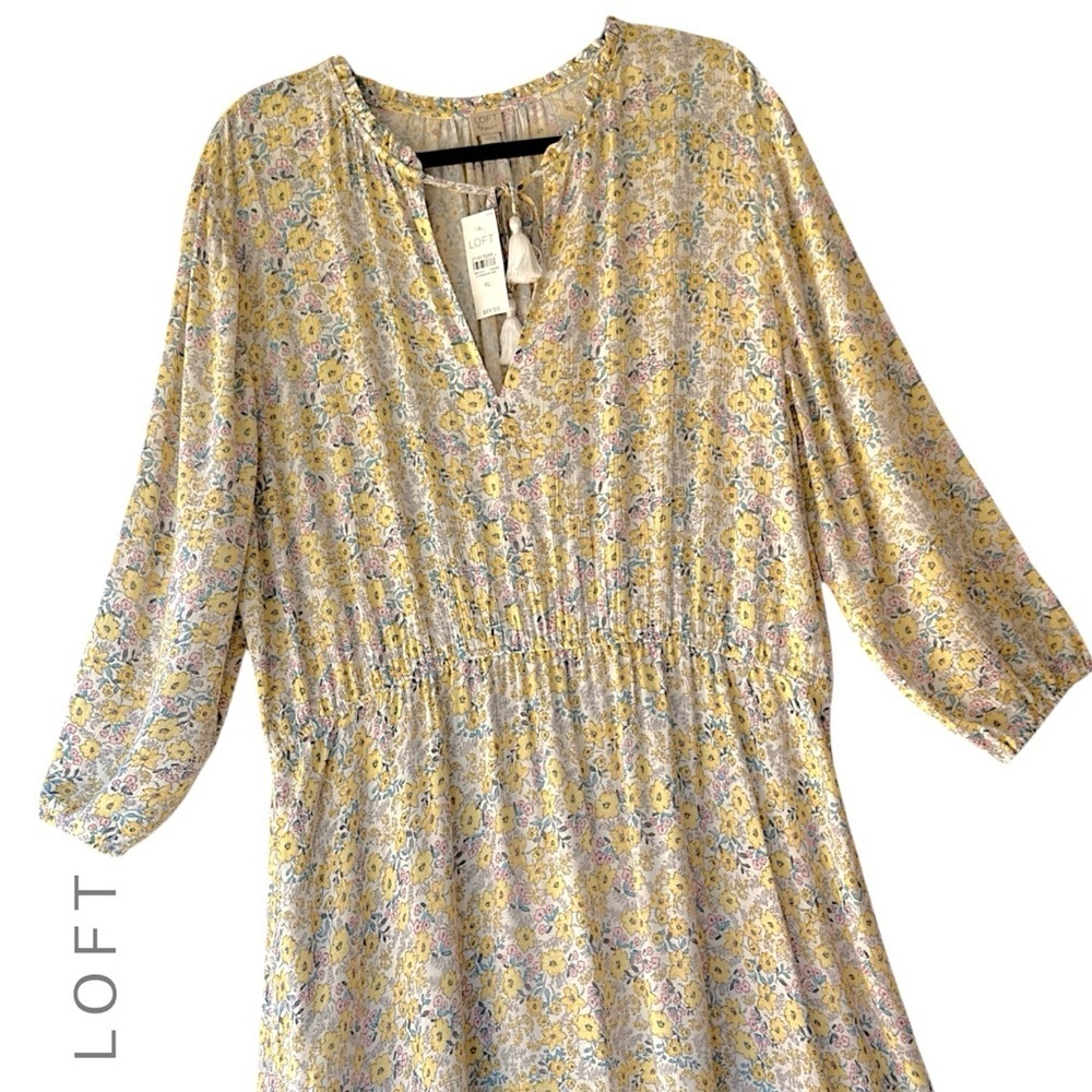 NWT | LOFT BEACH 3/4 SLEEVE FLORAL MIDI DRESS TASSEL TIES RUFFLE HEM | XL